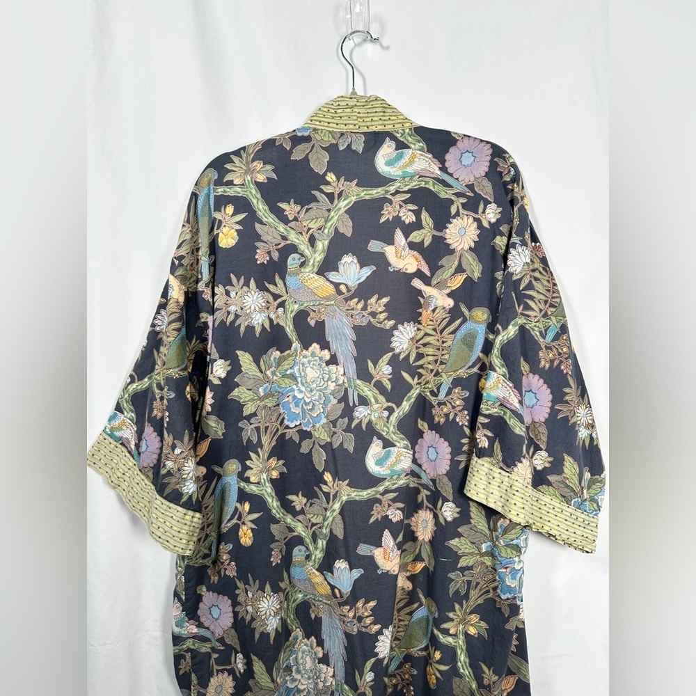Handprint Cotton Boho Kimono Duster Robe Bird Floral Print OS Black - Picture 11 of 12
